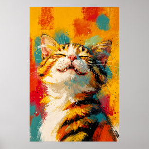 Abstract oil painting of happy smiling tabby cat poster