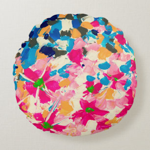 abstract oil painting on canvas. Multi coloured w Round Pillow