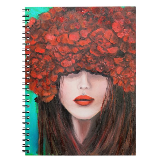 Abstract oil painting showing woman face and red r notebook (Front)