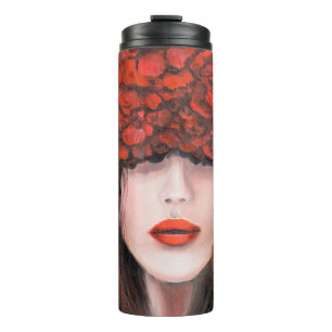 Abstract oil painting showing woman face and red r thermal tumbler