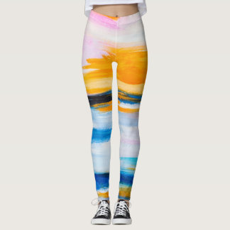 Abstract oil texture, sunset sea painting. leggings