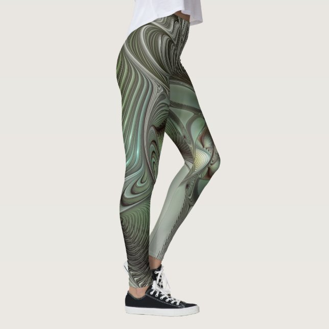 Abstract Olive Green Grey Fractal Art Fantasy Leggings (Right)