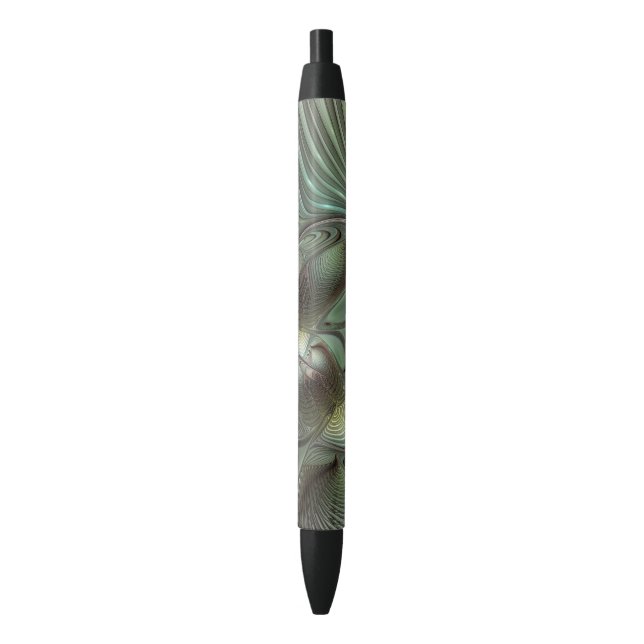 Abstract Olive Sage Green Gray Fractal Art Fantasy Black Ink Pen (Front Vertical)
