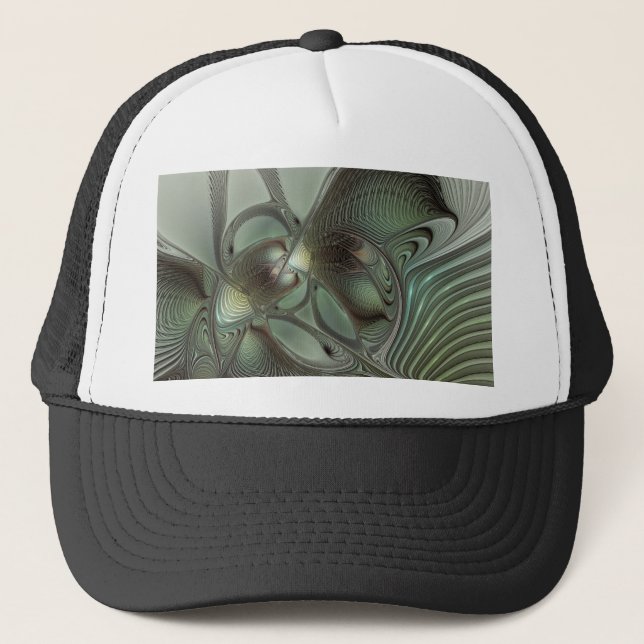 Abstract Olive Sage Green Gray Fractal Art Fantasy Trucker Hat (Front)