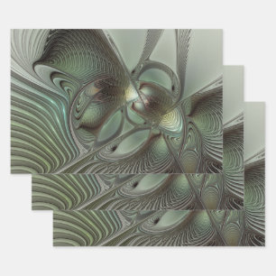 Abstract Olive Sage Green Gray Fractal Art Fantasy Wrapping Paper Sheet