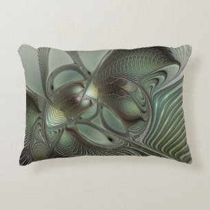 Abstract Olive Sage Green Grey Fractal Art Fantasy Accent Pillow