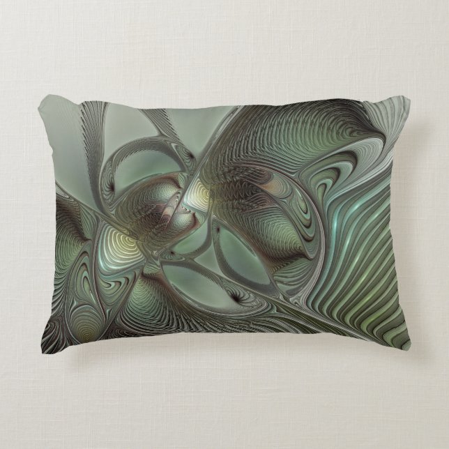 Abstract Olive Sage Green Grey Fractal Art Fantasy Accent Pillow (Front)