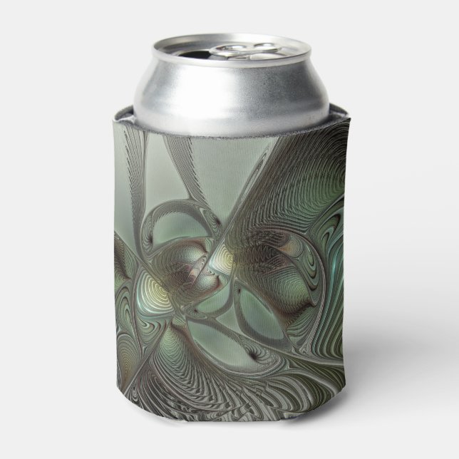Abstract Olive Sage Green Grey Fractal Art Fantasy Can Cooler (Can Front)