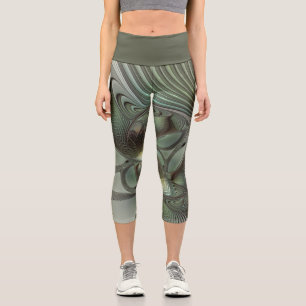 Abstract Olive Sage Green Grey Fractal Art Fantasy Capri Leggings