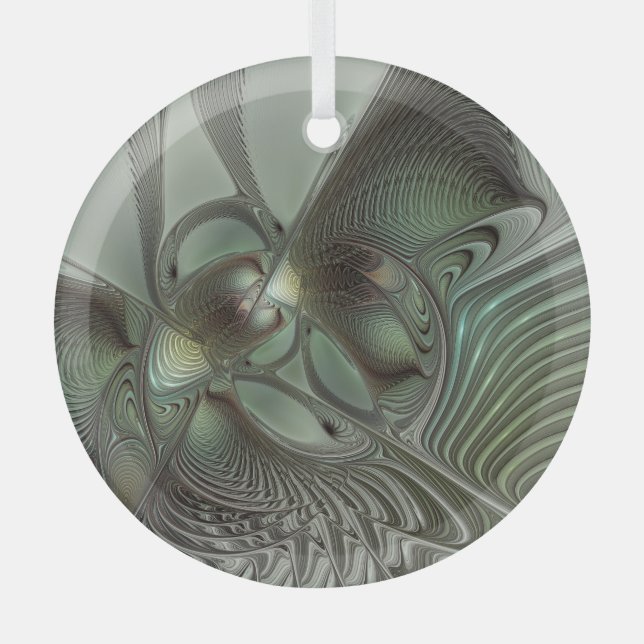 Abstract Olive Sage Green Grey Fractal Art Fantasy Glass Ornament (Front)