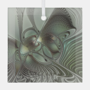 Abstract Olive Sage Green Grey Fractal Art Fantasy Glass Ornament