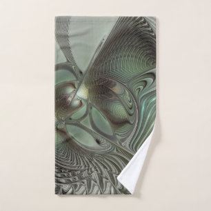 Abstract Olive Sage Green Grey Fractal Art Fantasy Hand Towel