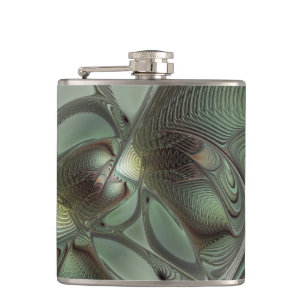 Abstract Olive Sage Green Grey Fractal Art Fantasy Hip Flask