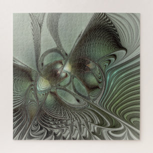 Abstract Olive Sage Green Grey Fractal Art Fantasy Jigsaw Puzzle