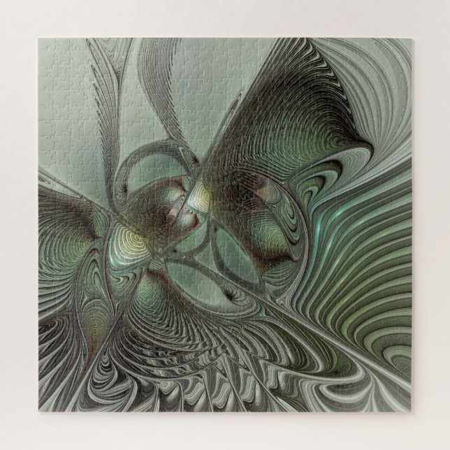 Abstract Olive Sage Green Grey Fractal Art Fantasy Jigsaw Puzzle (Vertical)