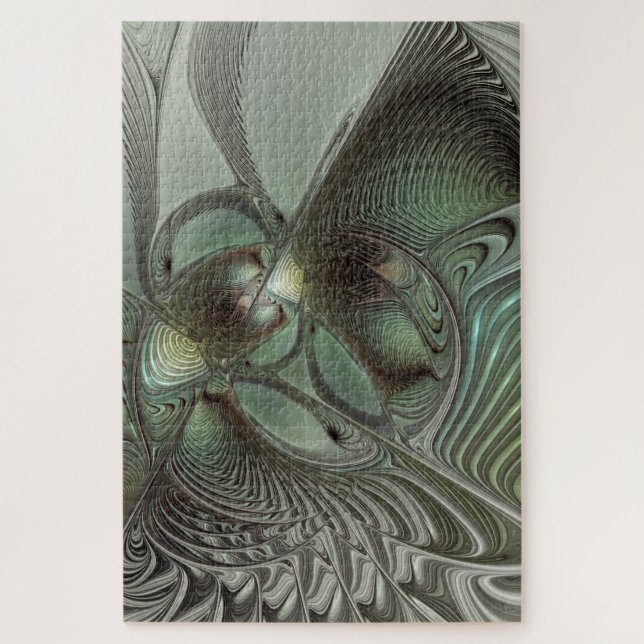 Abstract Olive Sage Green Grey Fractal Art Fantasy Jigsaw Puzzle (Vertical)