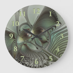 Abstract Olive Sage Green Grey Fractal Art Fantasy Large Clock