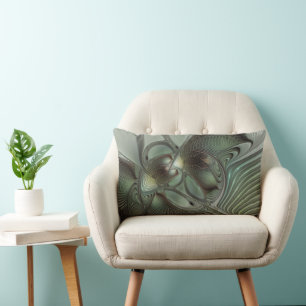 Abstract Olive Sage Green Grey Fractal Art Fantasy Lumbar Pillow