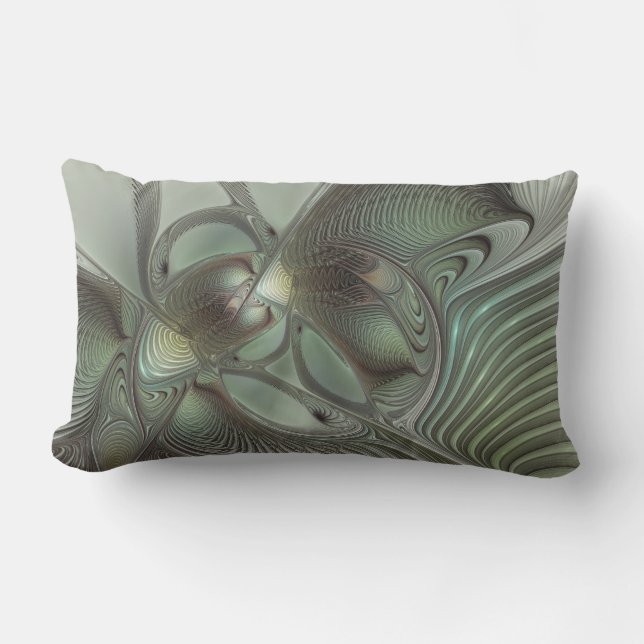 Abstract Olive Sage Green Grey Fractal Art Fantasy Lumbar Pillow (Front)