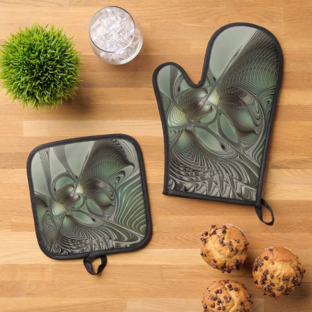 Abstract Olive Sage Green Grey Fractal Art Fantasy Oven Mitt & Pot Holder Set (Top Down)
