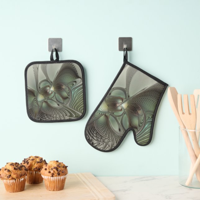 Abstract Olive Sage Green Grey Fractal Art Fantasy Oven Mitt & Pot Holder Set (Insitu(Hanging))