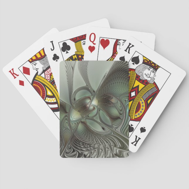 Abstract Olive Sage Green Grey Fractal Art Fantasy Playing Cards (Back)