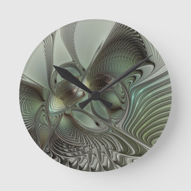 Abstract Olive Sage Green Grey Fractal Art Fantasy Round Clock (Front)