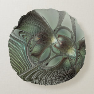 Abstract Olive Sage Green Grey Fractal Art Fantasy Round Pillow