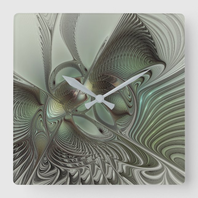 Abstract Olive Sage Green Grey Fractal Art Fantasy Square Wall Clock (Front)