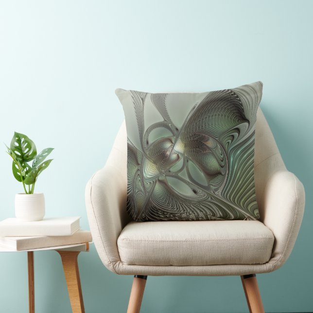 Abstract Olive Sage Green Grey Fractal Art Fantasy Throw Pillow (Chair)