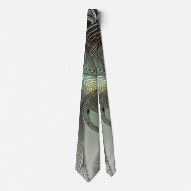 Abstract Olive Sage Green Grey Fractal Art Fantasy Tie (Front)