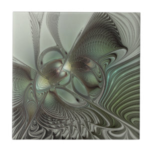 Abstract Olive Sage Green Grey Fractal Art Fantasy Tile