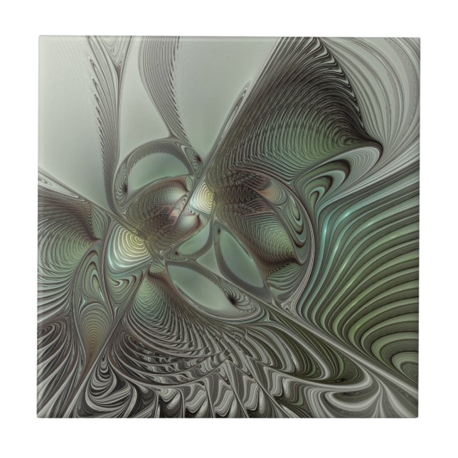 Abstract Olive Sage Green Grey Fractal Art Fantasy Tile (Front)