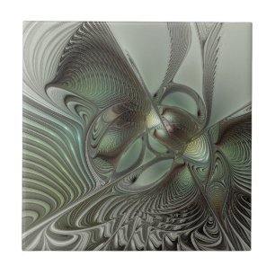 Abstract Olive Sage Green Grey Fractal Art Fantasy Tile
