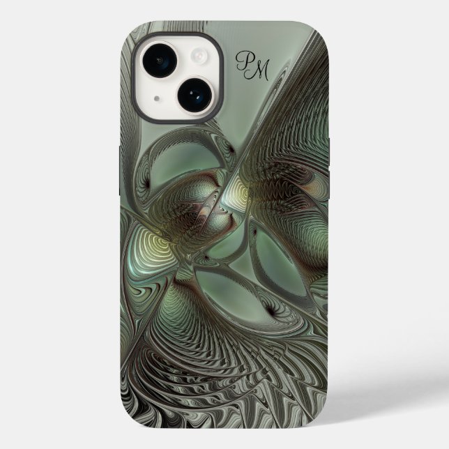 Abstract Olive Sage Green Grey Fractal Initials Case-Mate iPhone Case (Back)