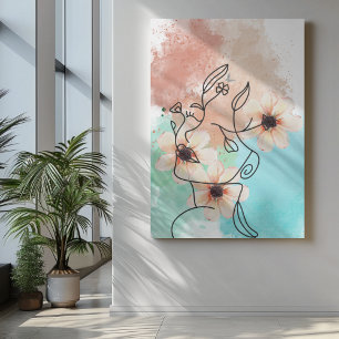 Abstract one line face art with pink flower lips  canvas print