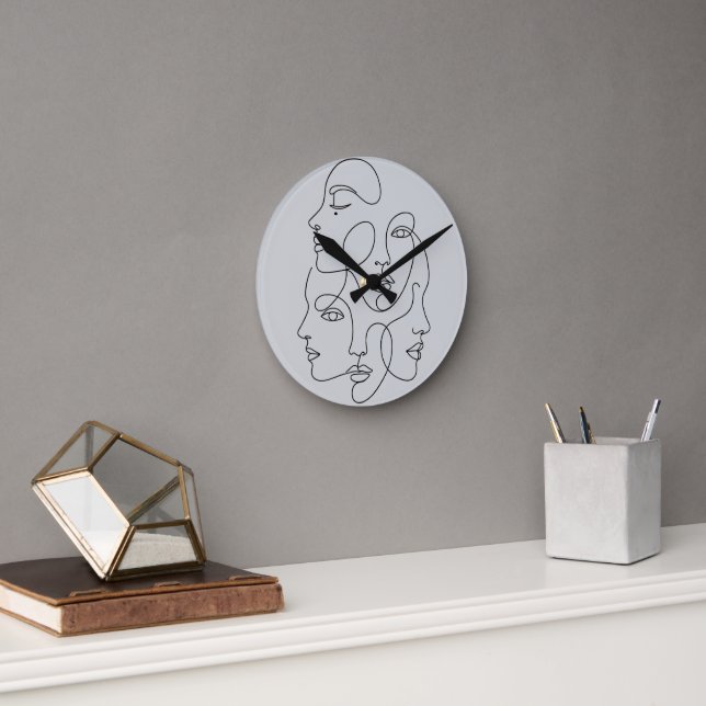 Abstract One Line Faces Minimalist Art Round Clock (Office)