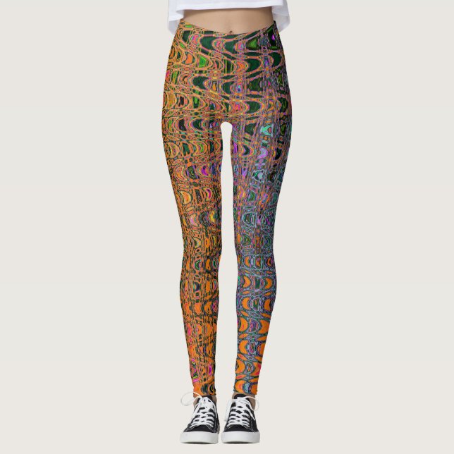 Abstract Orange and Aqua Retro Boomerang Waves Leggings (Front)