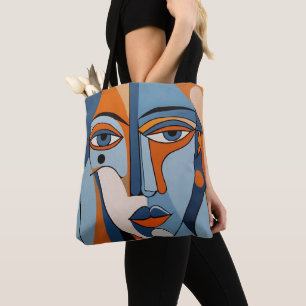 Abstract Orange and Blue Face Art Tote Bag