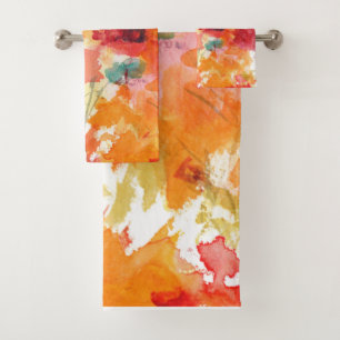 Abstract Orange and White Watercolor Floral Bath Towel Set