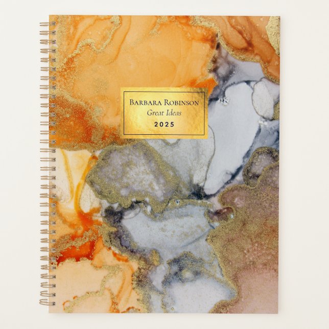 Abstract Orange Black Gold Foil Named Planner (Front)