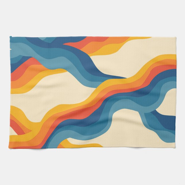 Abstract Orange Blue Retro Wavy Stripe Modern Bold Kitchen Towel (Horizontal)