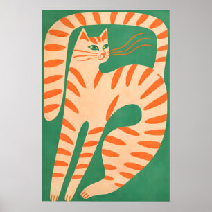 Abstract Orange Cat Poster, Minimalist Feline Wall Poster