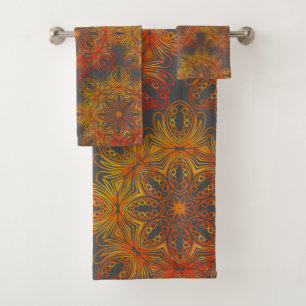 Abstract Orange Gold Mandala Gray Background Bath Towel Set
