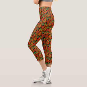 Abstract Orange Green Shapes Design Capri Leggings