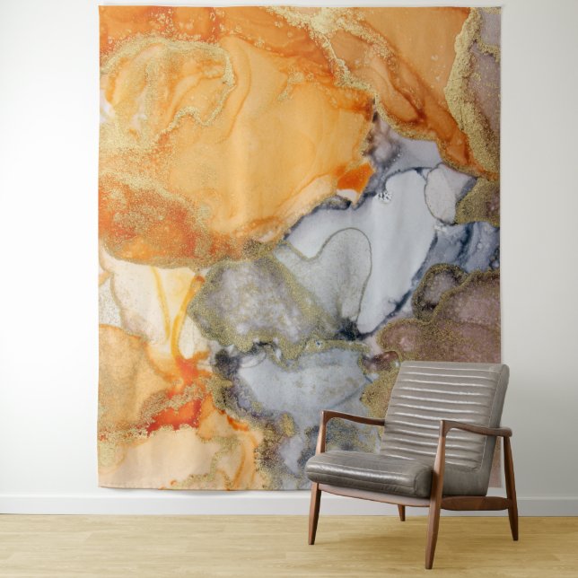 Abstract Orange Grey Gold Art Tapestry (In Situ)