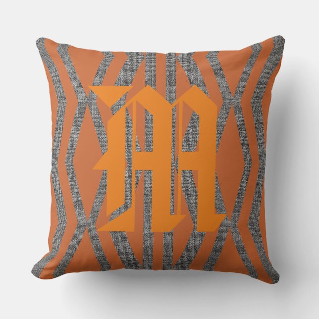 Abstract Orange Grey Pattern Custom Monogram Throw Pillow (Front)