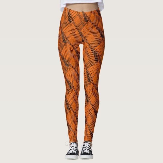 Abstract Orange Lines Modern Black Leggings (Front)
