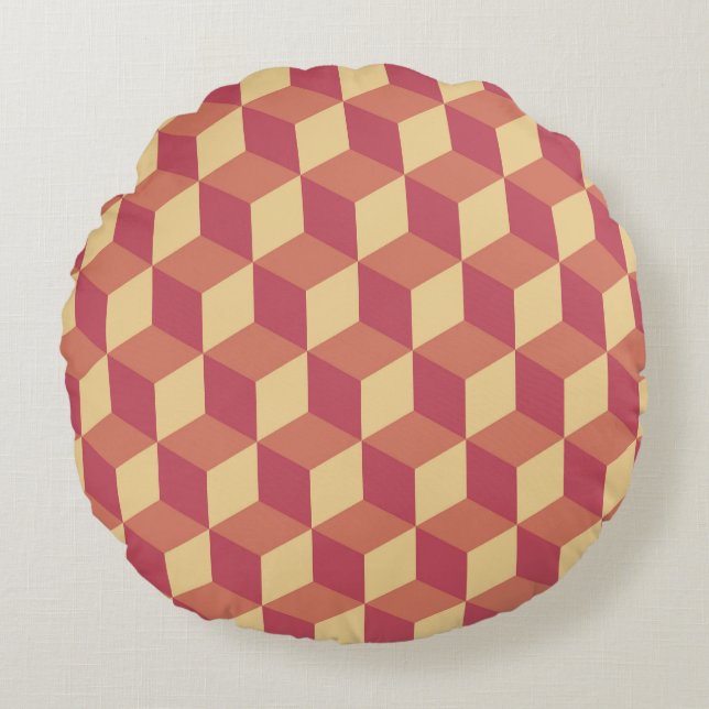 Abstract Orange Red Cube Pattern Round Pillow (Front)
