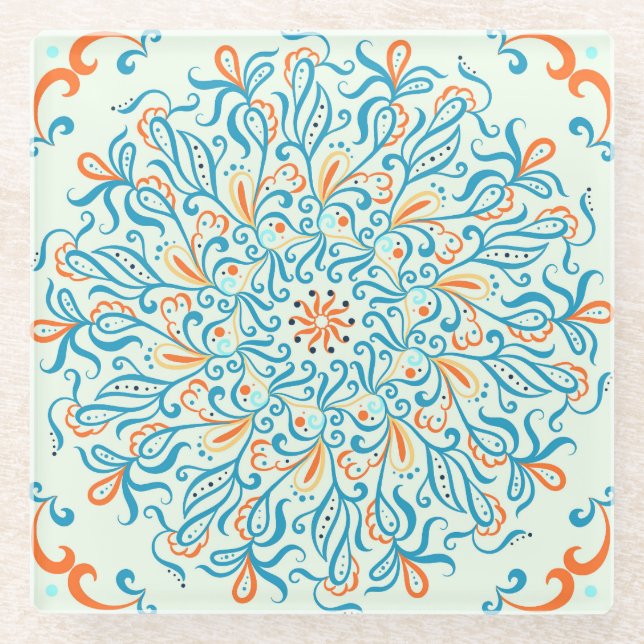 Abstract Ornament Ceramic Tile Pattern Glass Coaster (Front)